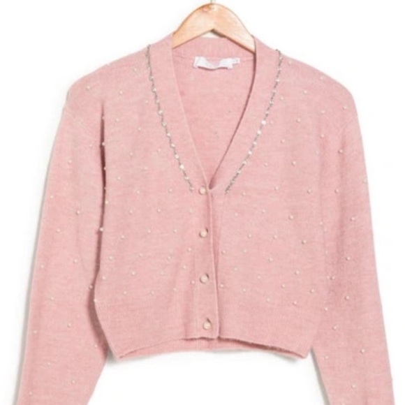 NWT ASTR Light Blush Pink Pearl and Rhinestone Embellished Cardigan Size XS - Picture 2 of 2